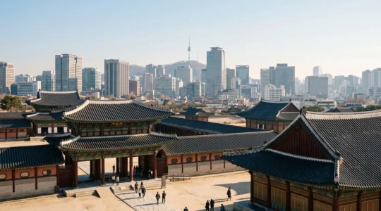 Vue panoramique d'un palais traditionnel coréen aux toits dancheong devant les gratte-ciel modernes de Séoul.